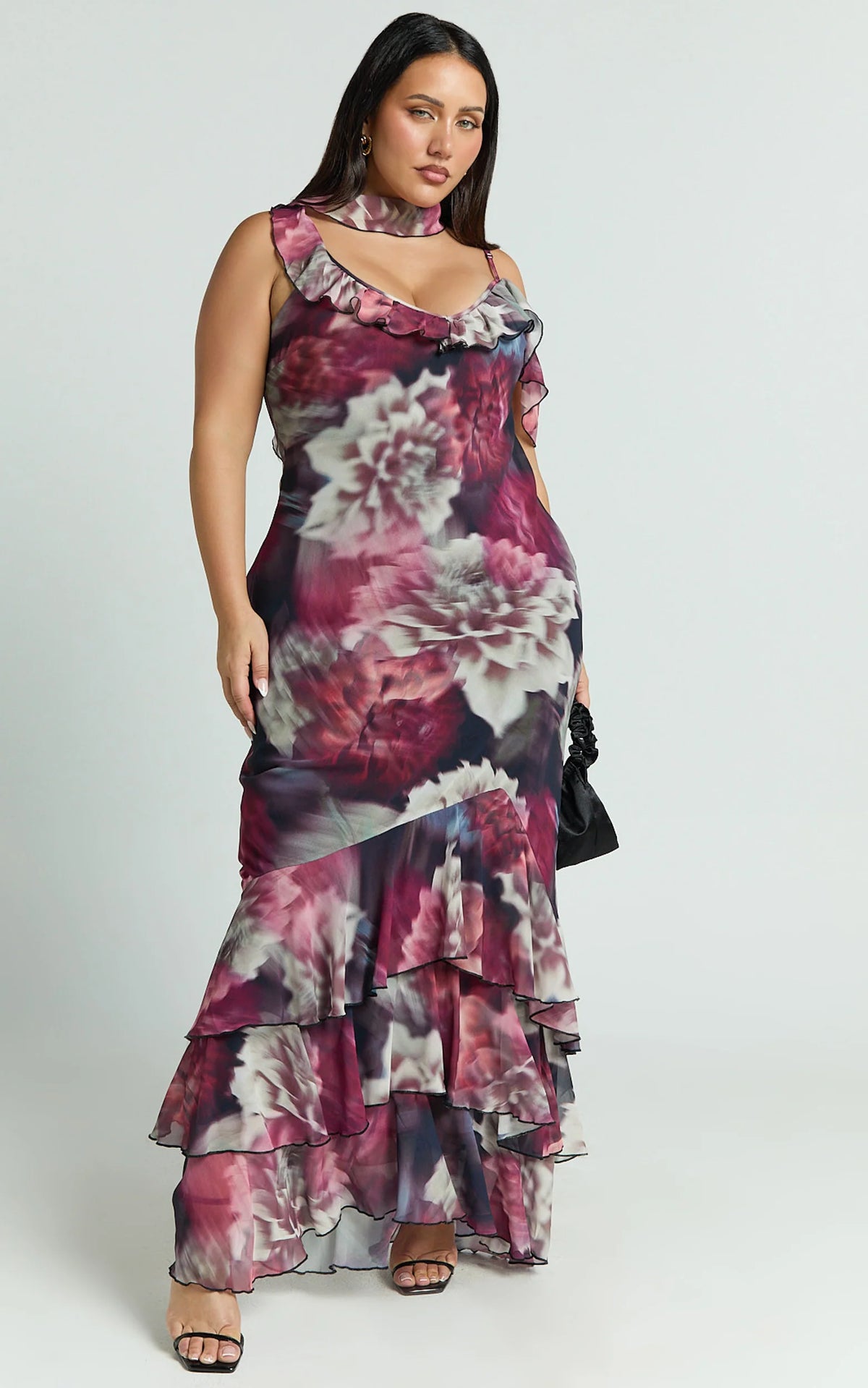 Riley Maxi Dress - Asymmetric Ruffle Detail Maxi Dress in Mariache Rose