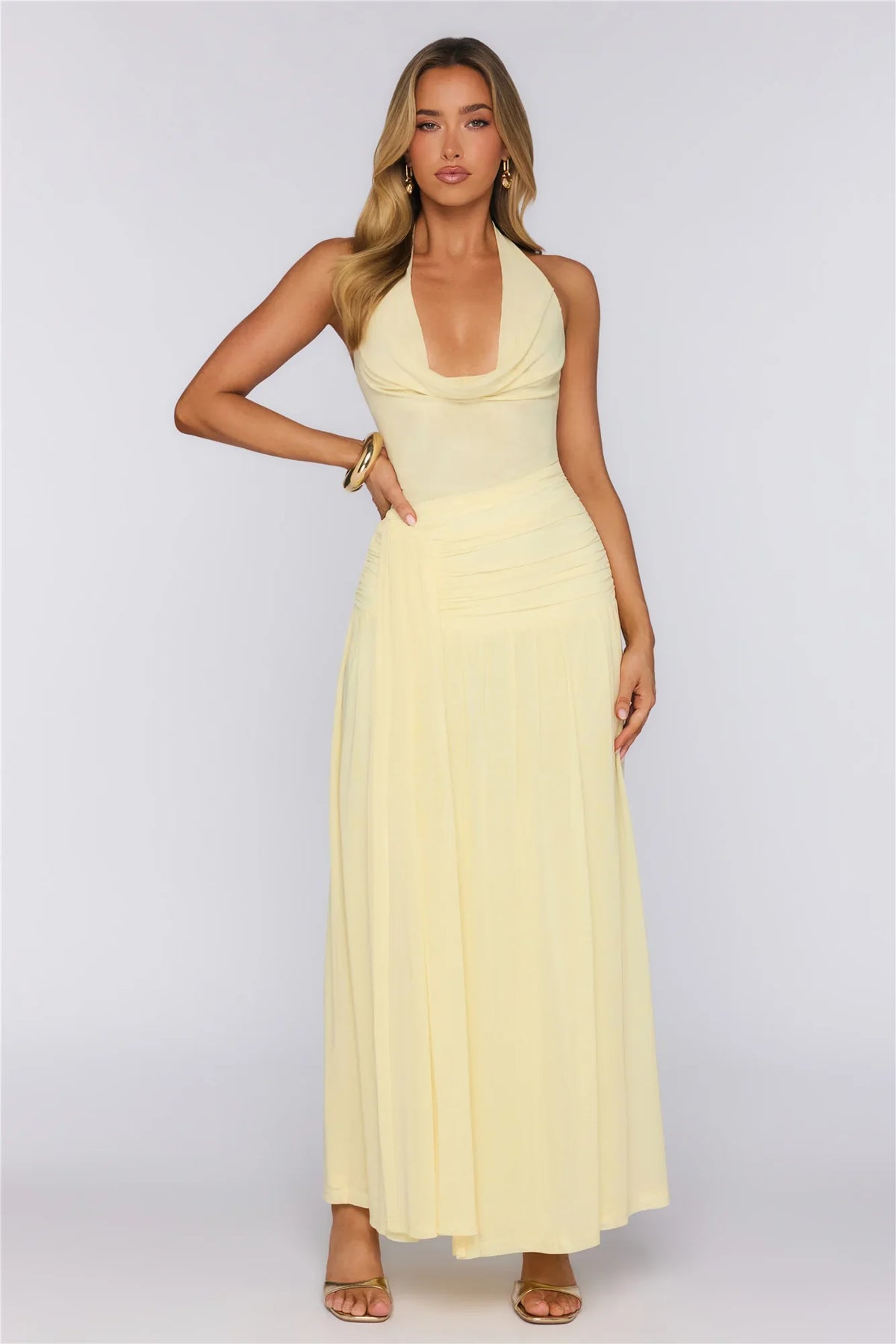 Say Less Energy Halter Mesh Maxi Dress Yellow