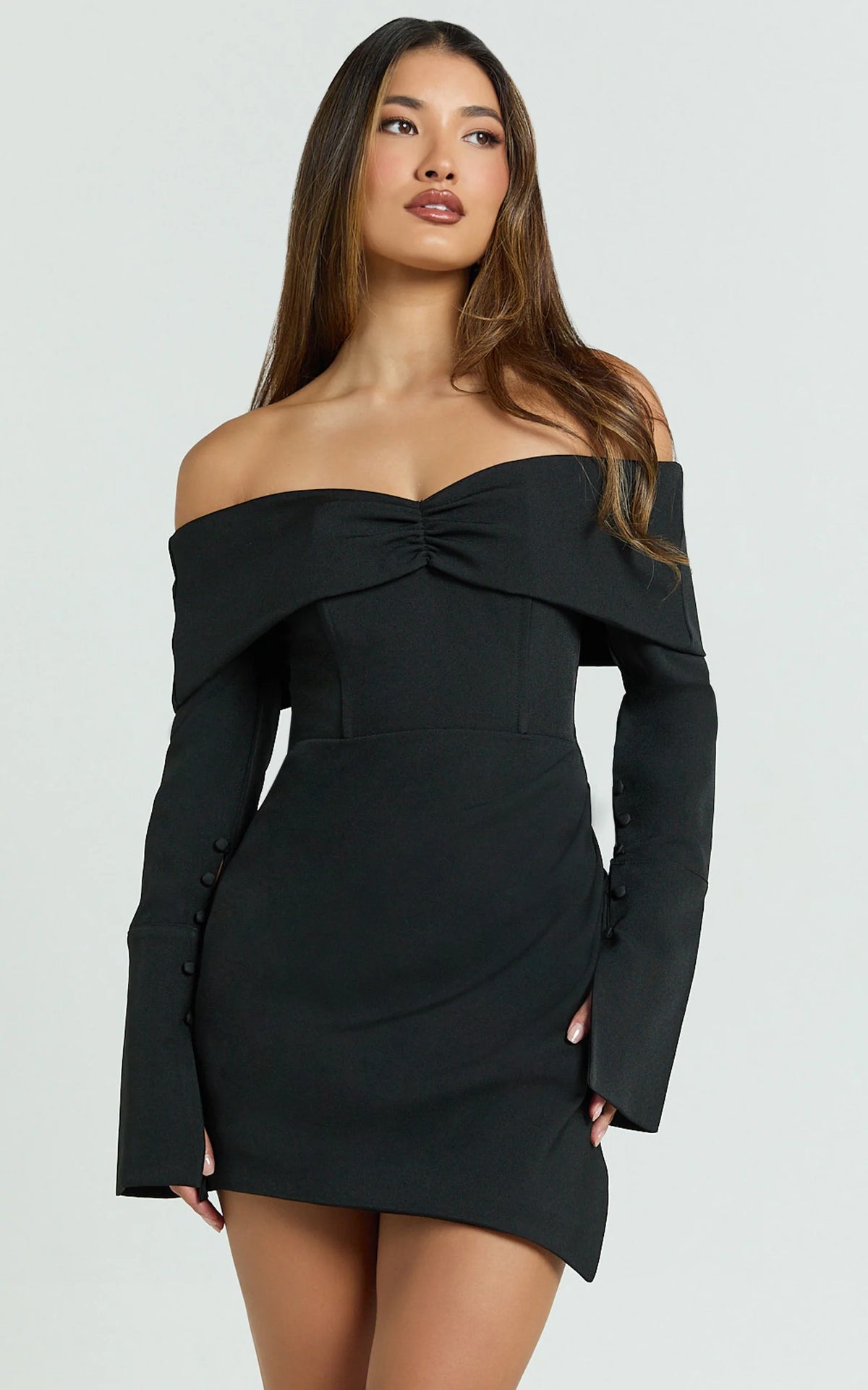 Cyrus Mini Dress - Off Shoulder Long Sleeve Fit And Flare Dress in Black