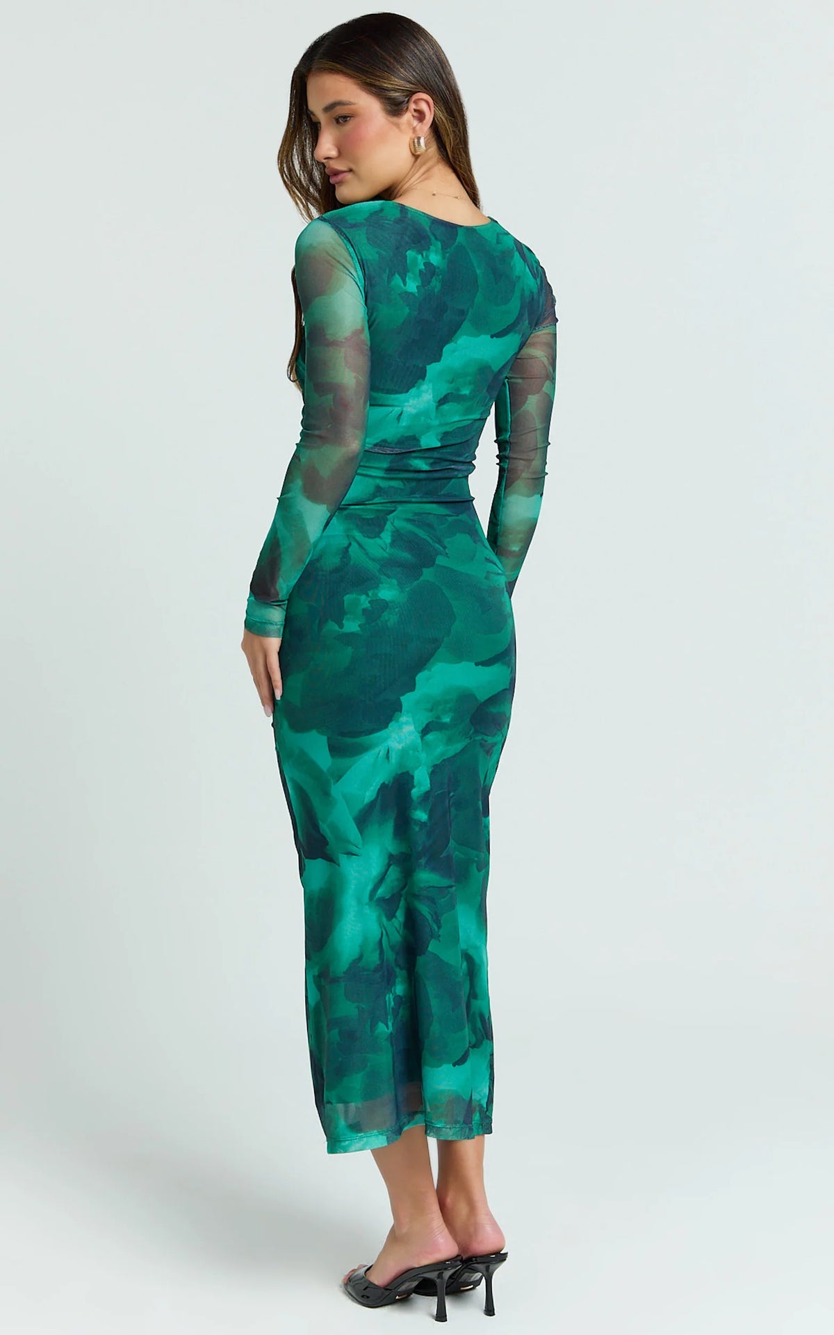 Zyra Midi Dress - High Neck Long Sleeve Mesh Dress in Green Blurred Print