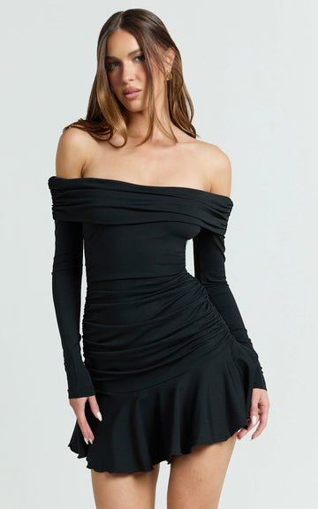 Ophelia Mini Dress - Off Shoulder Flip Skirt Jersey Ruched Dress in Black