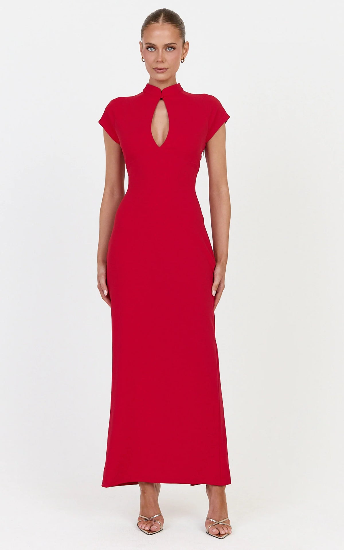 Cassienne Midi Dress - High Neck Keyhole Cut Out Bodycon Midi Dress in Red