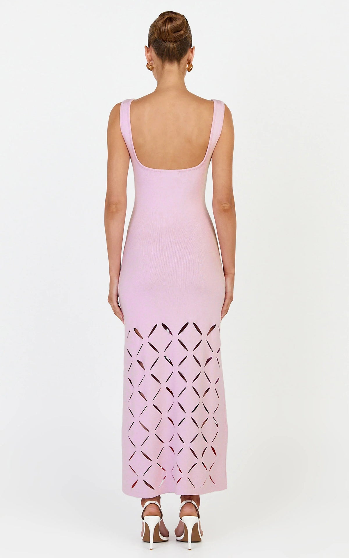 Sabrina Midi Dress - Scoop Neck Laser Cut Dress in Pink