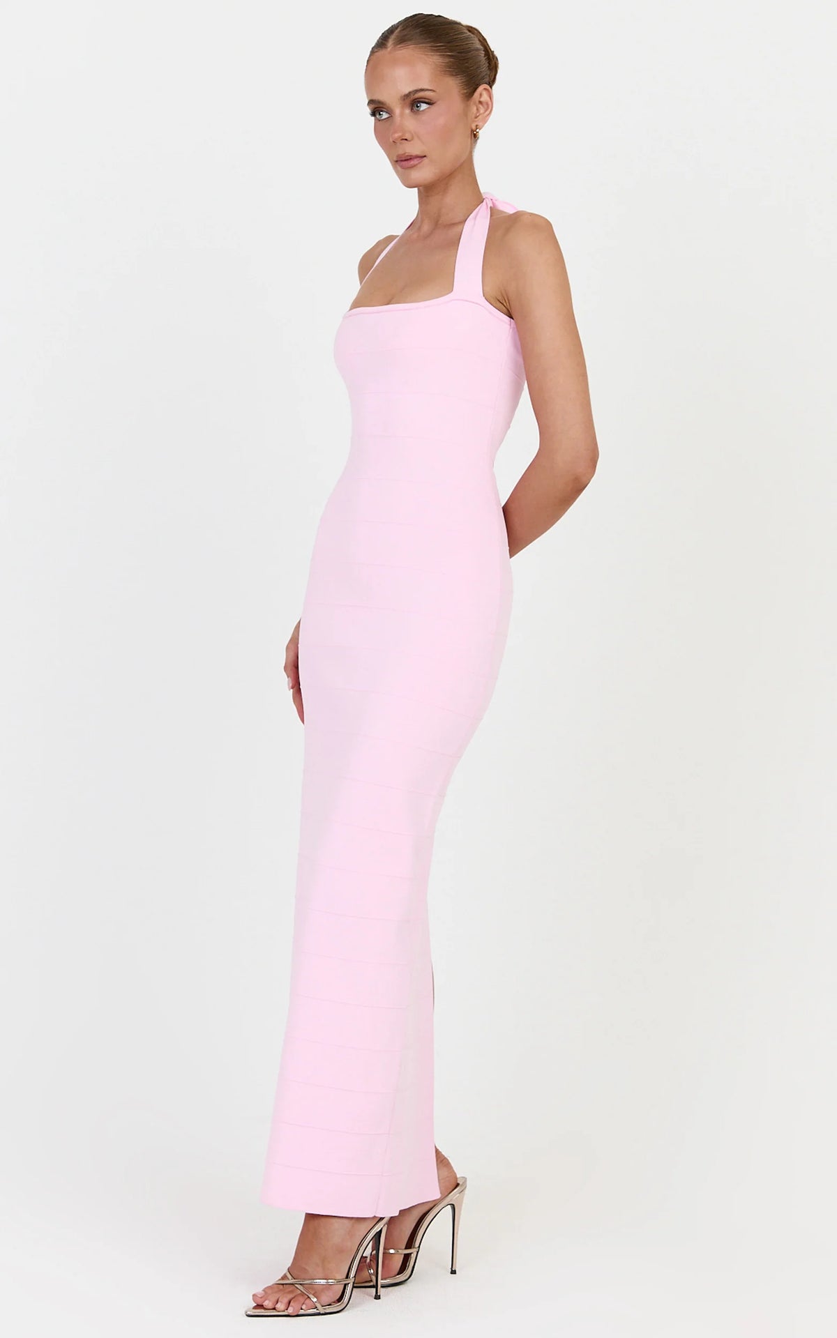 Scarlett Midi Dress - Halter Neck Bandage Knit Dress in Pink