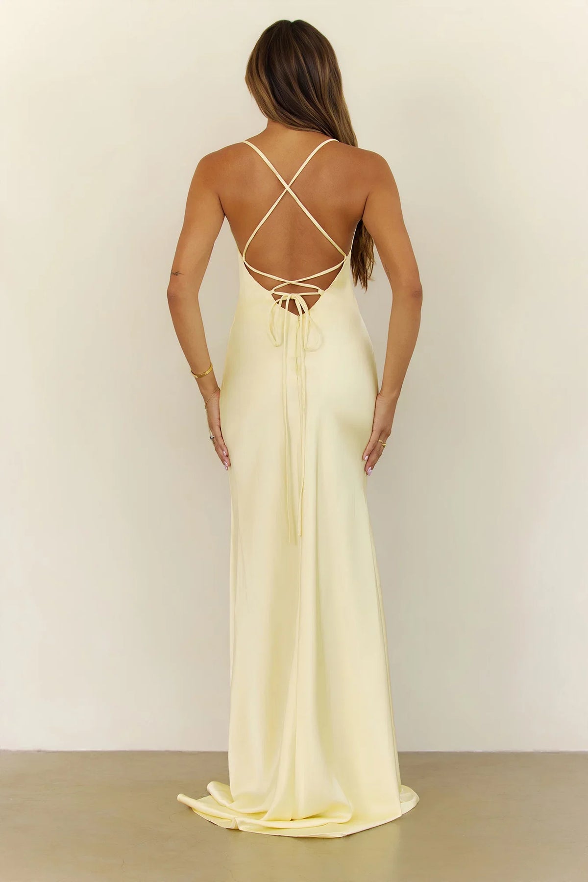 Elegant Glow Satin Cowl Neck Maxi Dress Yellow