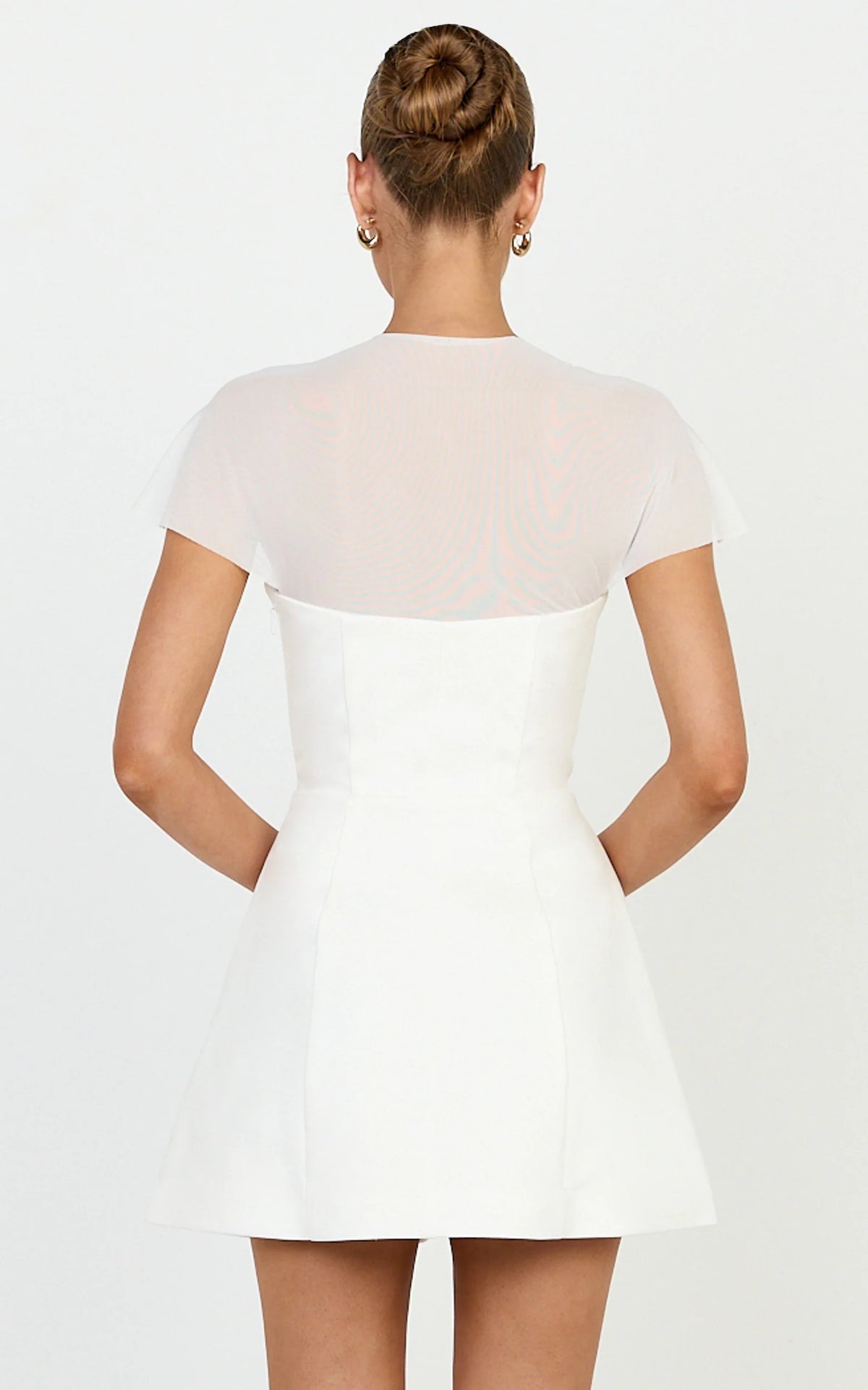 Neve Mini Dress - Sheer Short Sleeve Square Neck Tulip Skirt Dress in Off White
