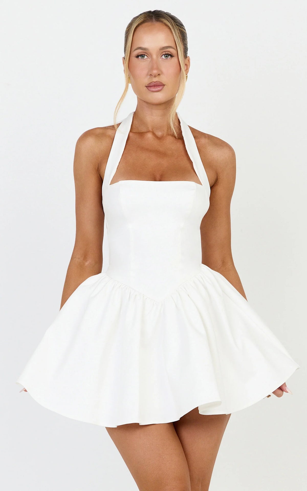 Helda Mini Dress - Halter Tie Neck Corset Panel Dress in White