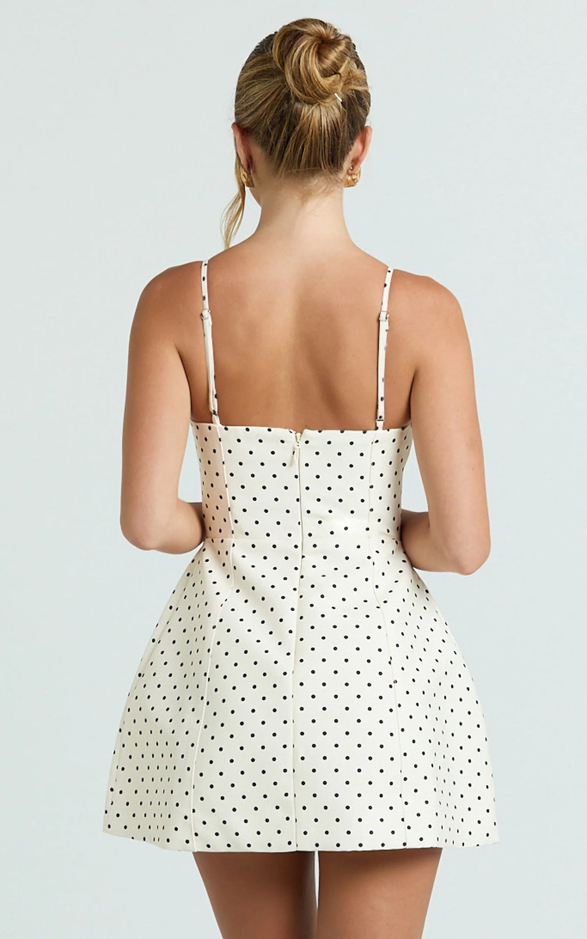 Carolina Mini Dress - Scoop Neck Panel Bodice Dress in White Polka Dot