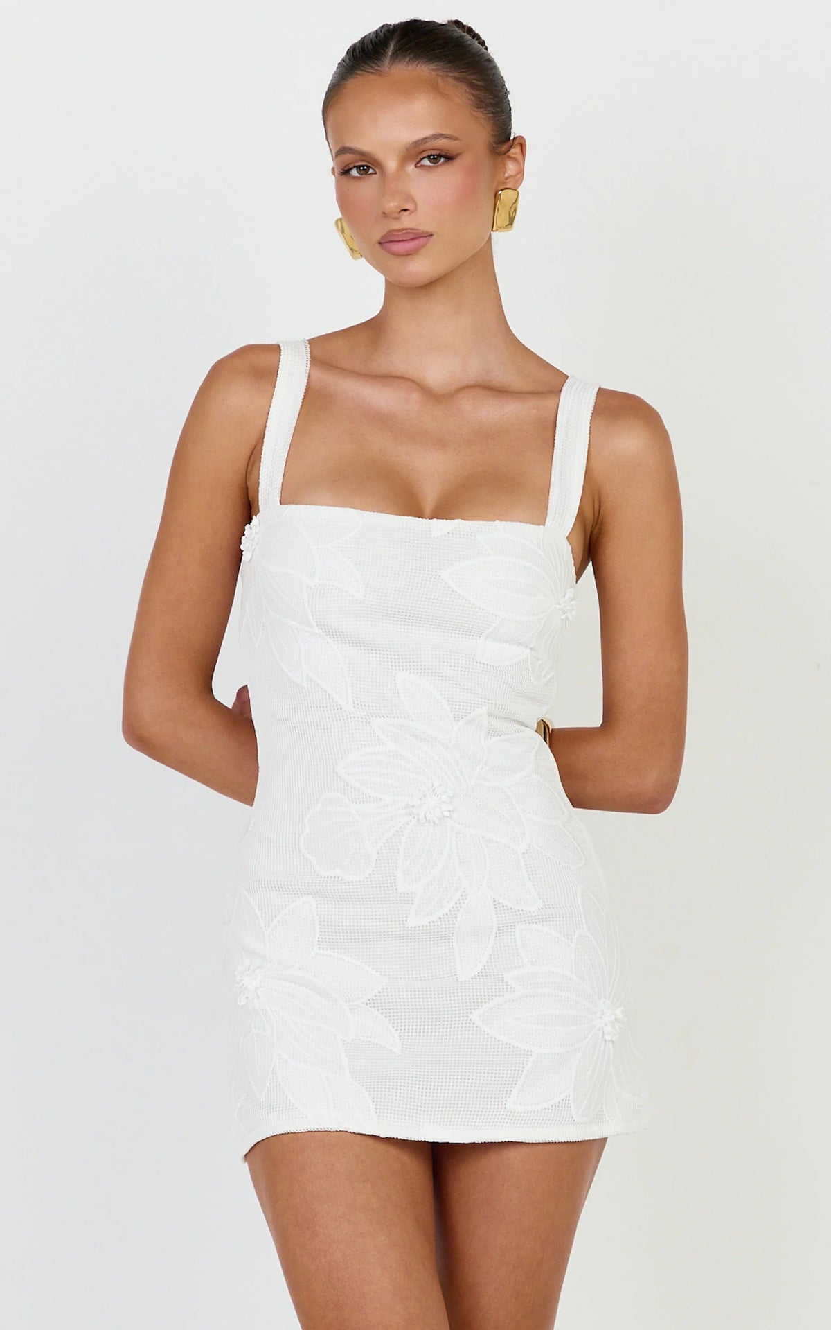 Sienna Mini Dress - Square Neck Floral Embroidered A Line Dress in White