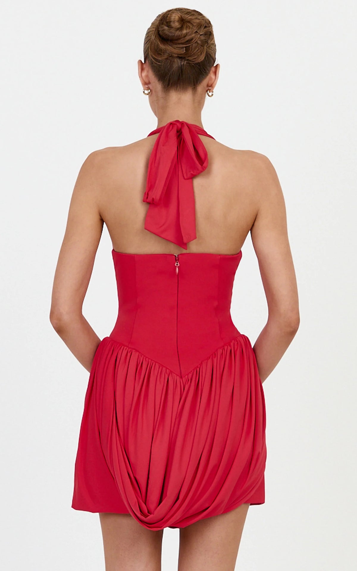 Margaux Mini Dress - Halter Neck Corset Bodice Draped Tulip Skirt Dress in Red