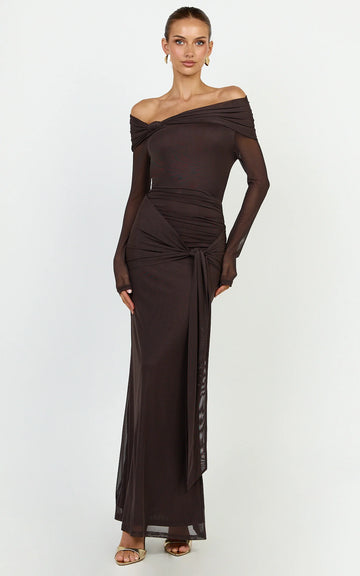 Waverly Maxi Dress - Long Sleeve Off Shoulder Dress in Chocolate