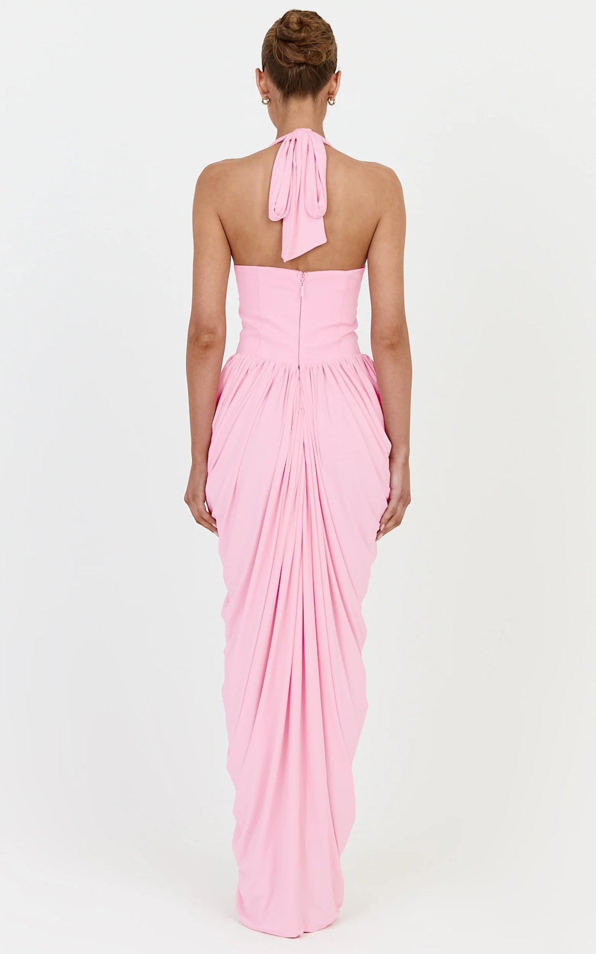 Margaux Maxi Dress - Halter Neck Corset Bodice Draped Dress in Pink