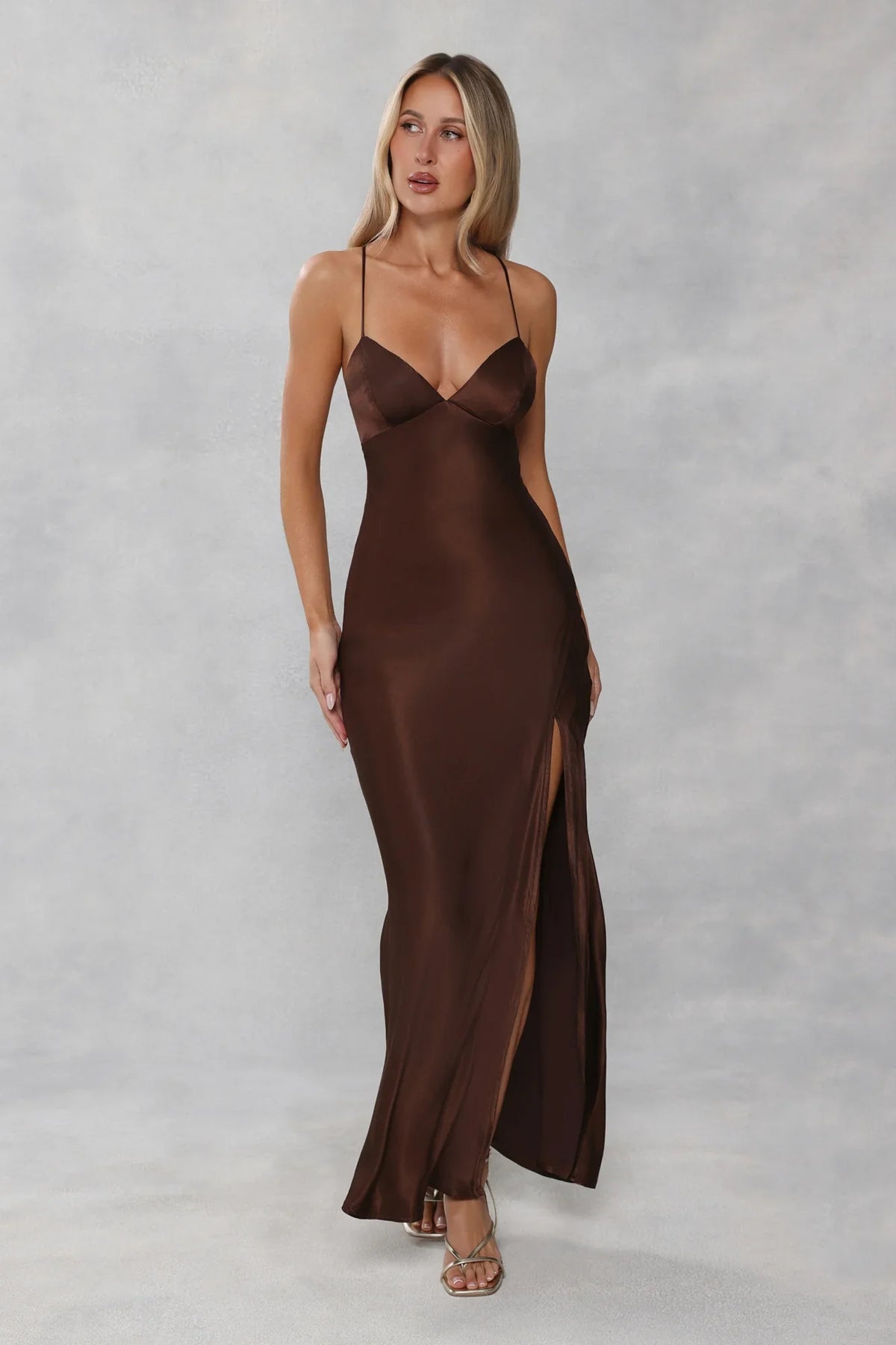 The Sophia Satin Maxi Dress Chocolate Brown