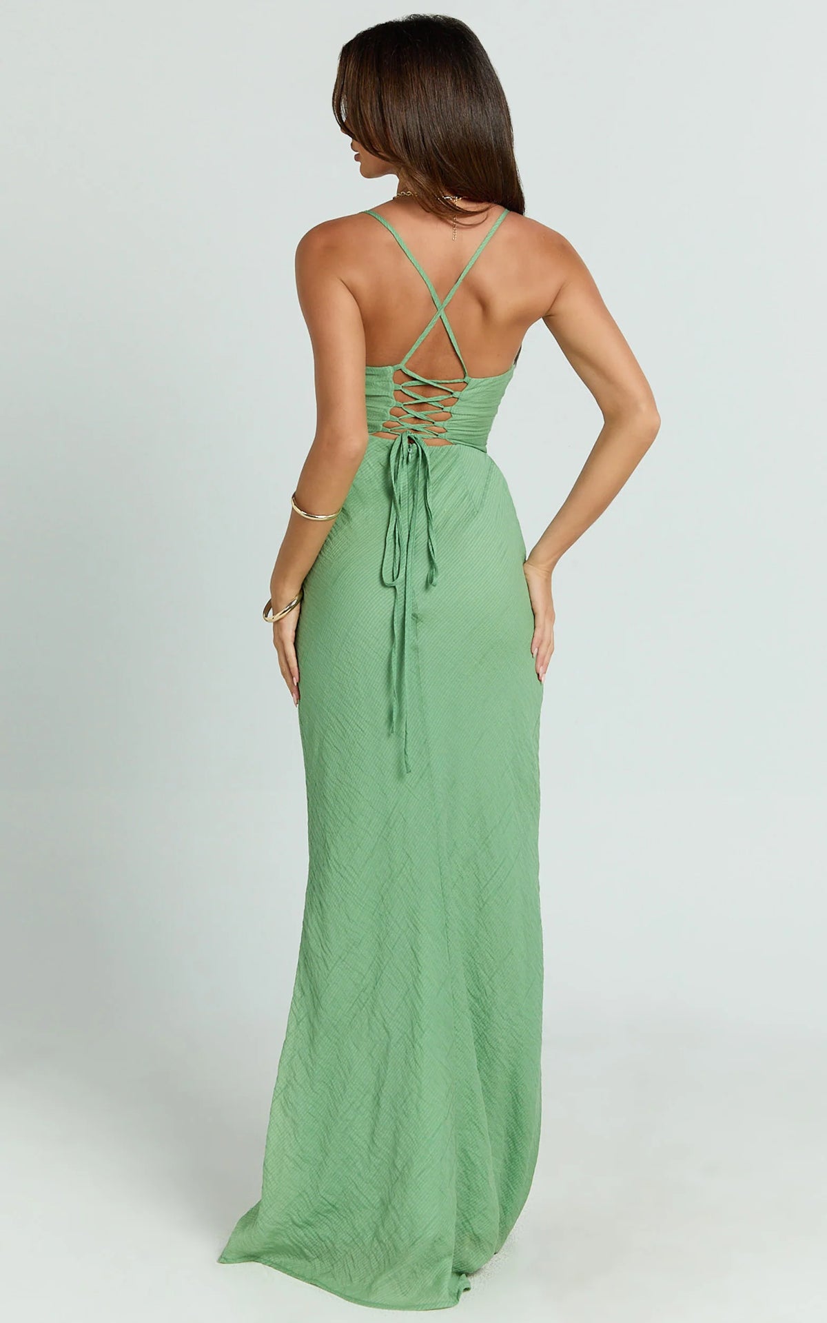 Jameela Maxi Dress - Strappy Sweetheart Neck Gathered Tie Back Dress in Green