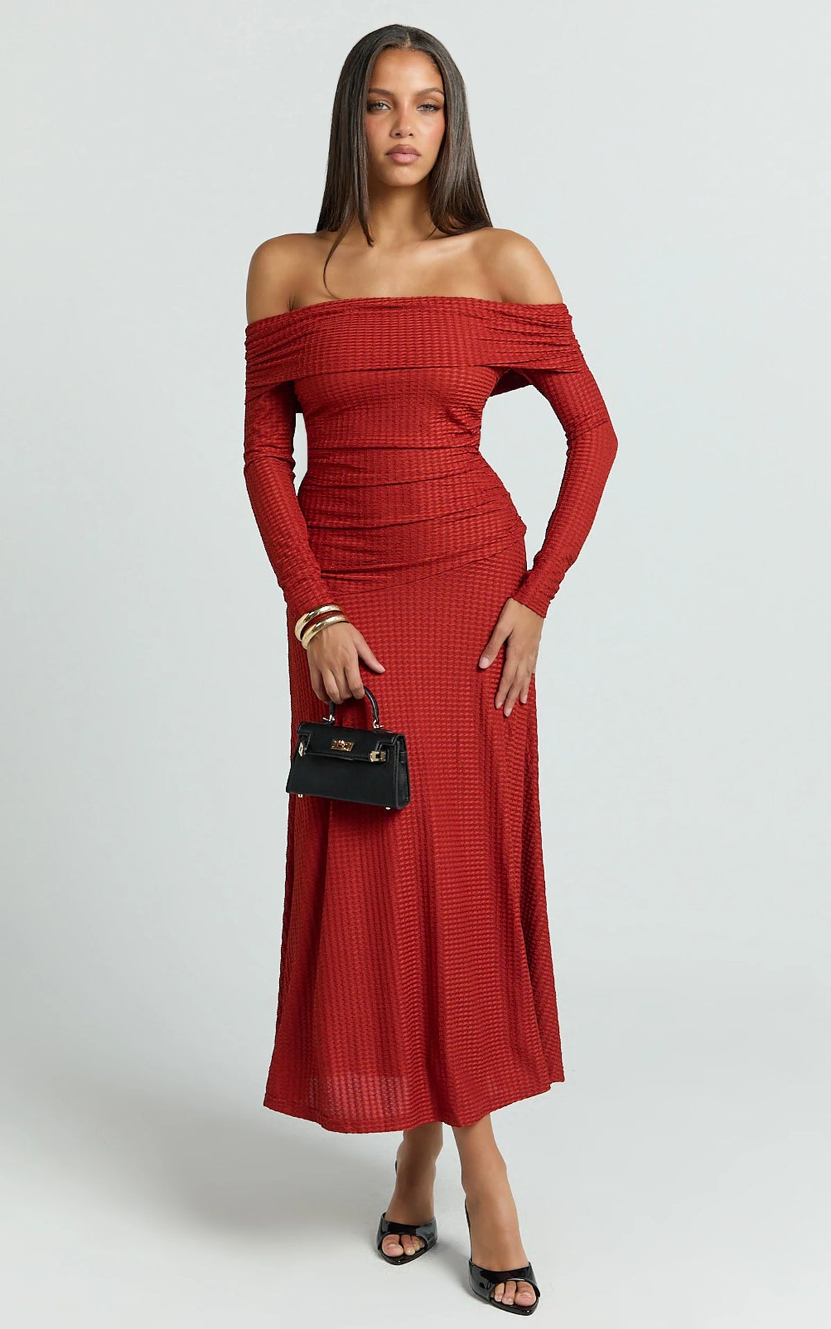 Perla Midi Dress - Off The Shoulder Sleeve Drop Waist Dress in Red