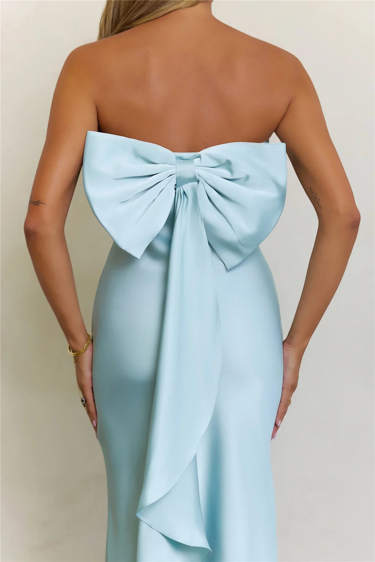 Soft Forever Mood Satin Strapless Maxi Dress Light Blue