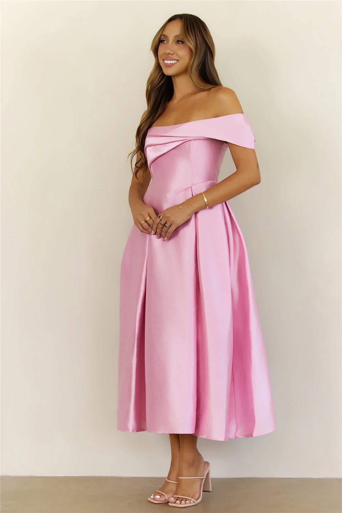 Timeless Satin Folded Off Shoulder Midi Dress Pink