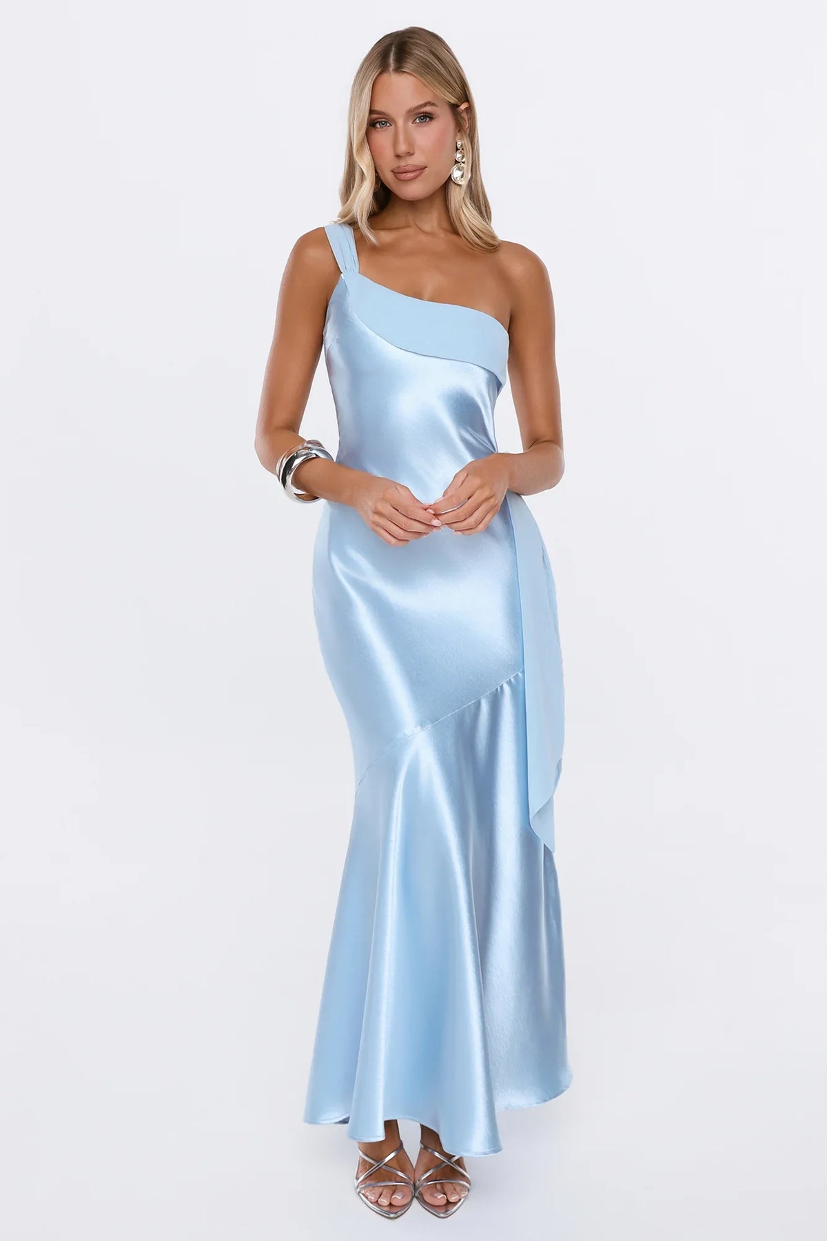 Fashion Story One Shoulder Satin Maxi Dress Blue