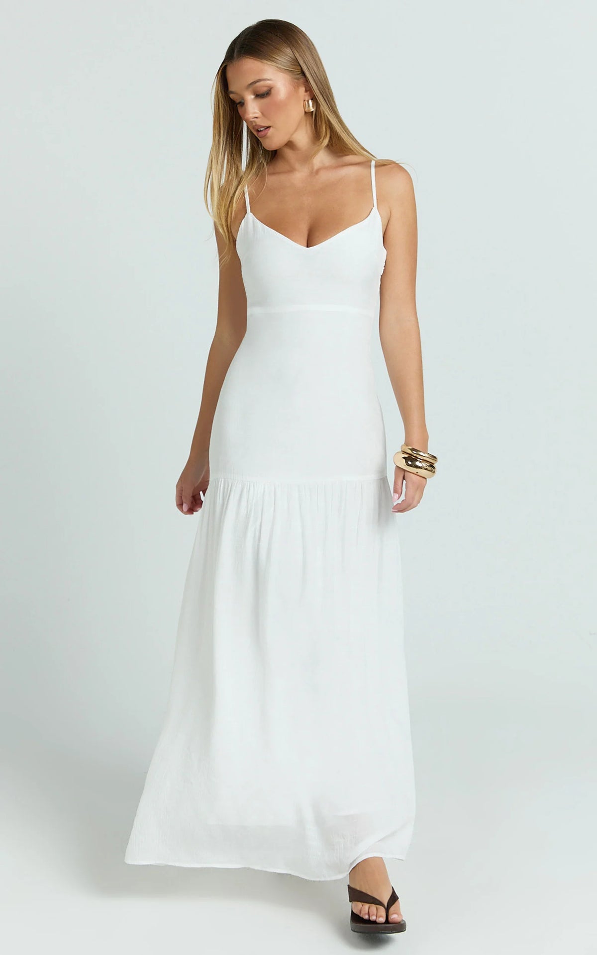 Collins Maxi Dress - V Neck Dropped Waist Gathered Maxi Dress in Off White