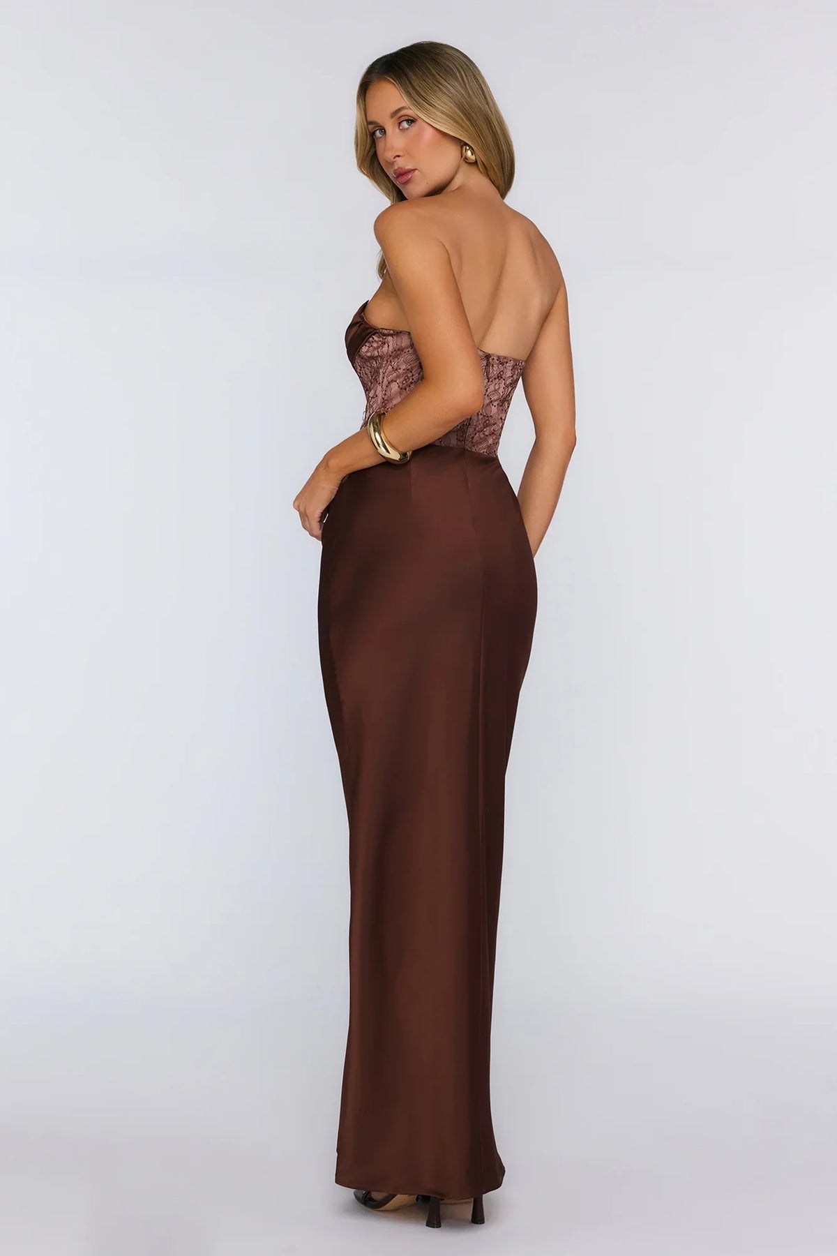 Wave Of Love Strapless Lace Satin Maxi Dress Chocolate