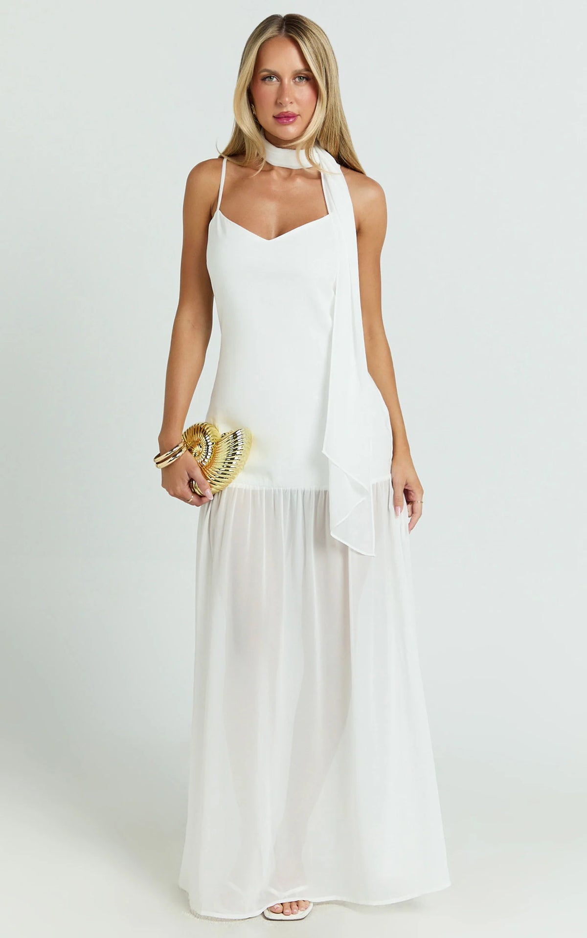 Calvin Maxi Dress - Linen Look Contrast Georgette Skirt with Neck Scarf in White