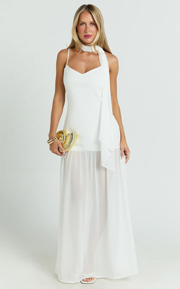Calvin Maxi Dress - Linen Look Contrast Georgette Skirt with Neck Scarf in White