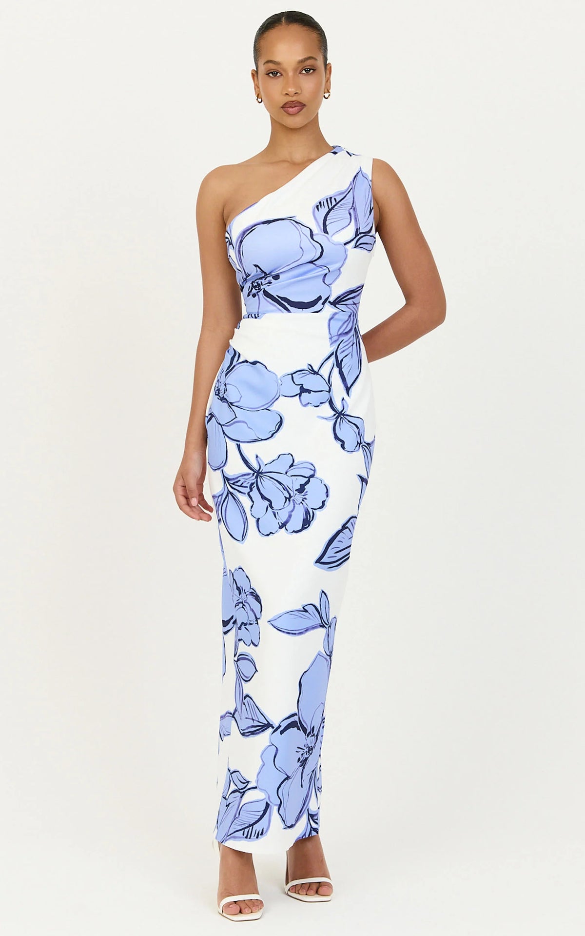 Elke Midi Dress - One Shoulder Fitted Dress in Blue Bouquet Di Fiori Print