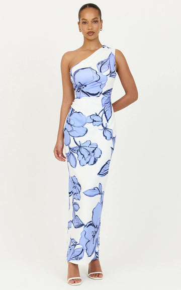 Elke Midi Dress - One Shoulder Fitted Dress in Blue Bouquet Di Fiori Print