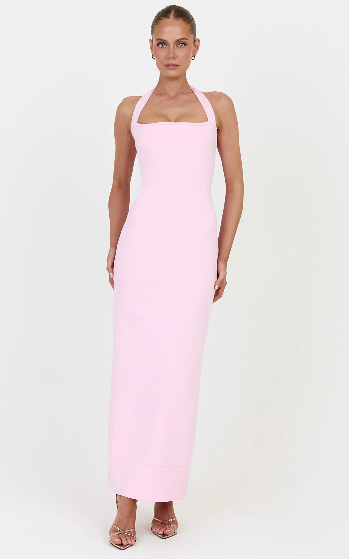 Scarlett Midi Dress - Halter Neck Bandage Knit Dress in Pink