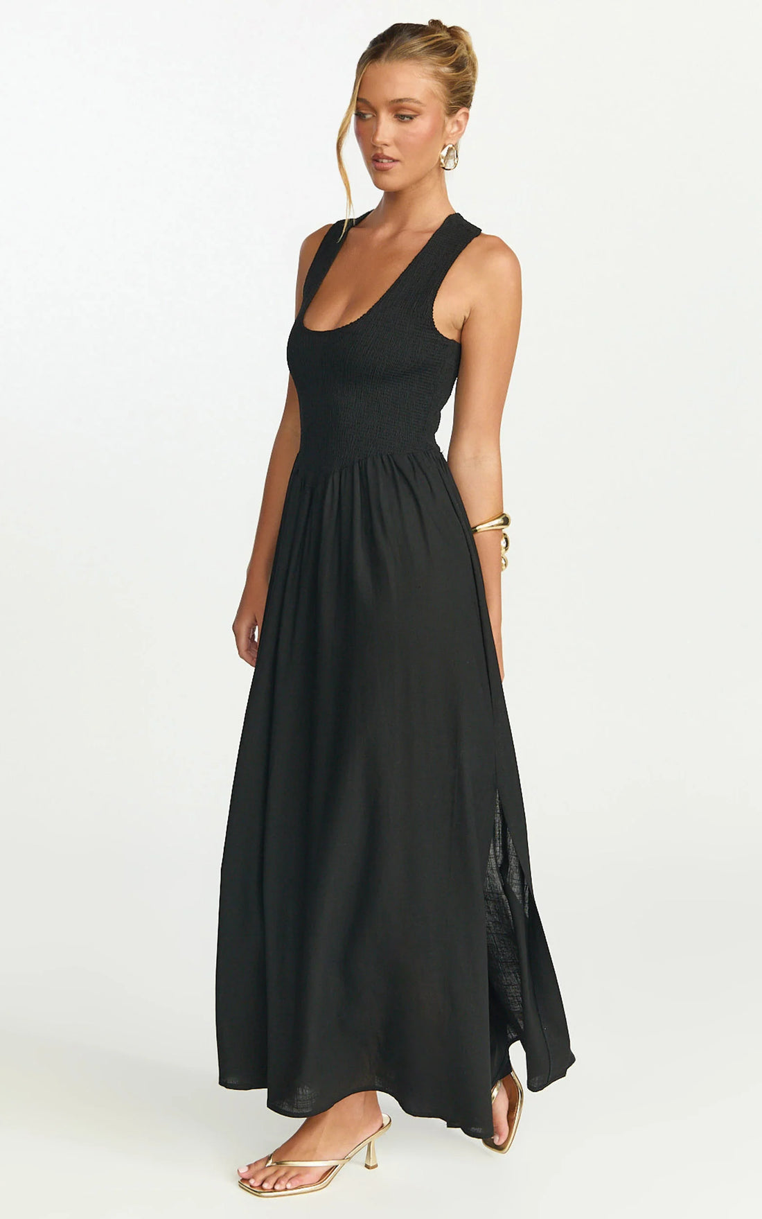 Luciana Maxi Dress - U Neck Smock Dress in Black