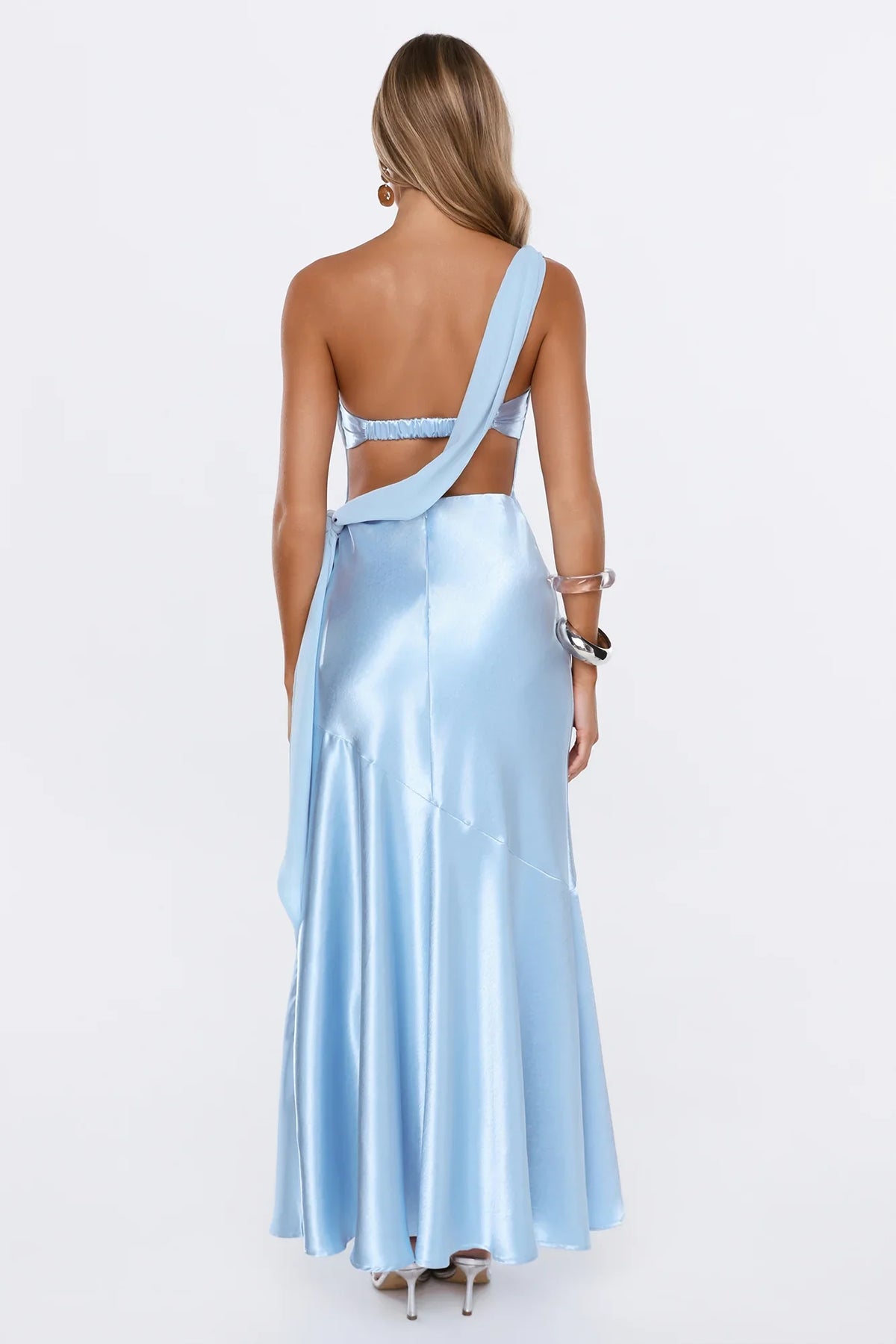 Fashion Story One Shoulder Satin Maxi Dress Blue