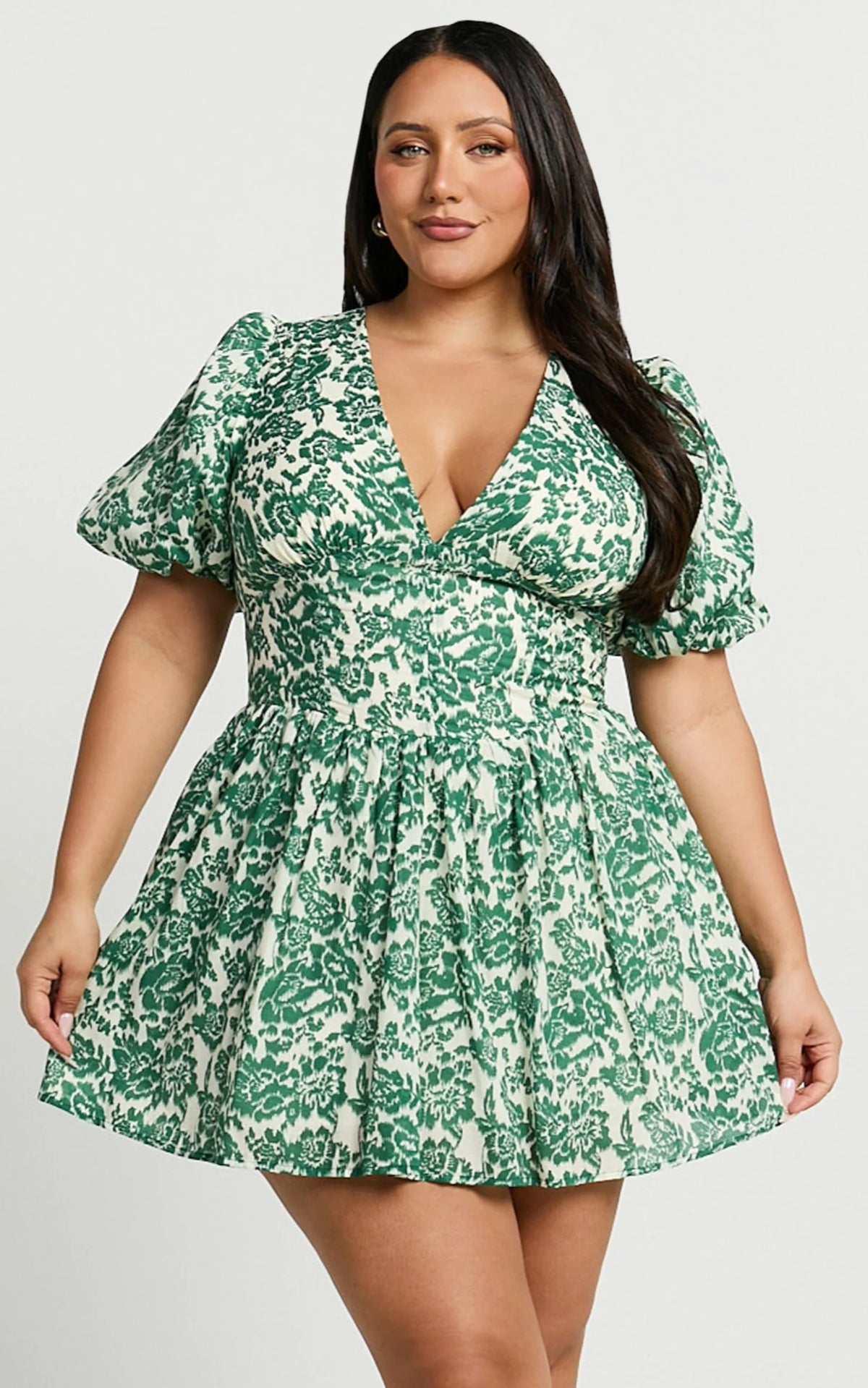 Nelli Mini Dress - Short Puff Sleeve Shirred Back Dress in Green Silhouette