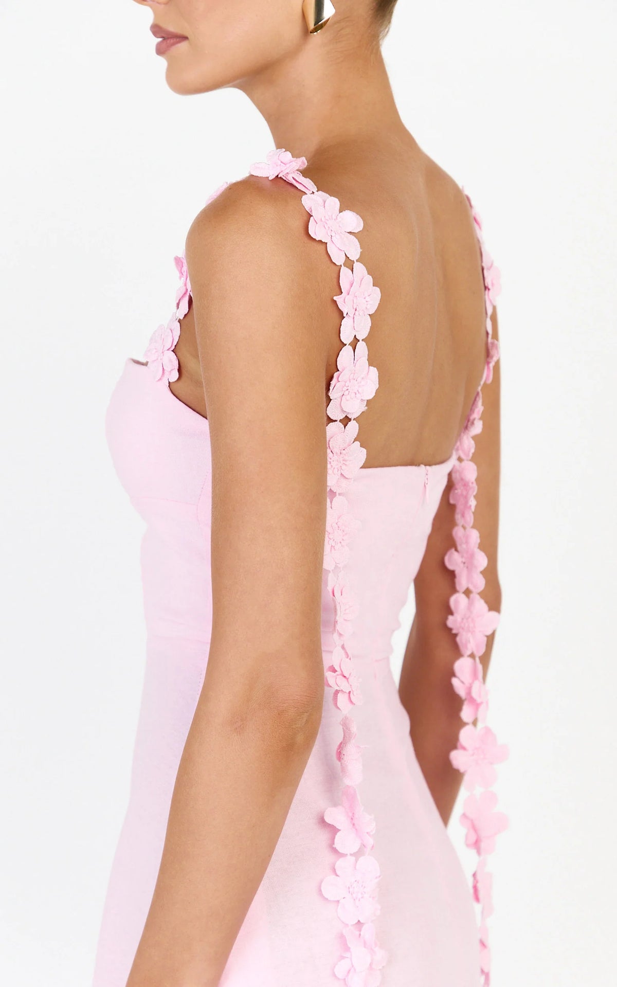 Clementine Midi Dress - 3D Floral Strap Dress in Pink