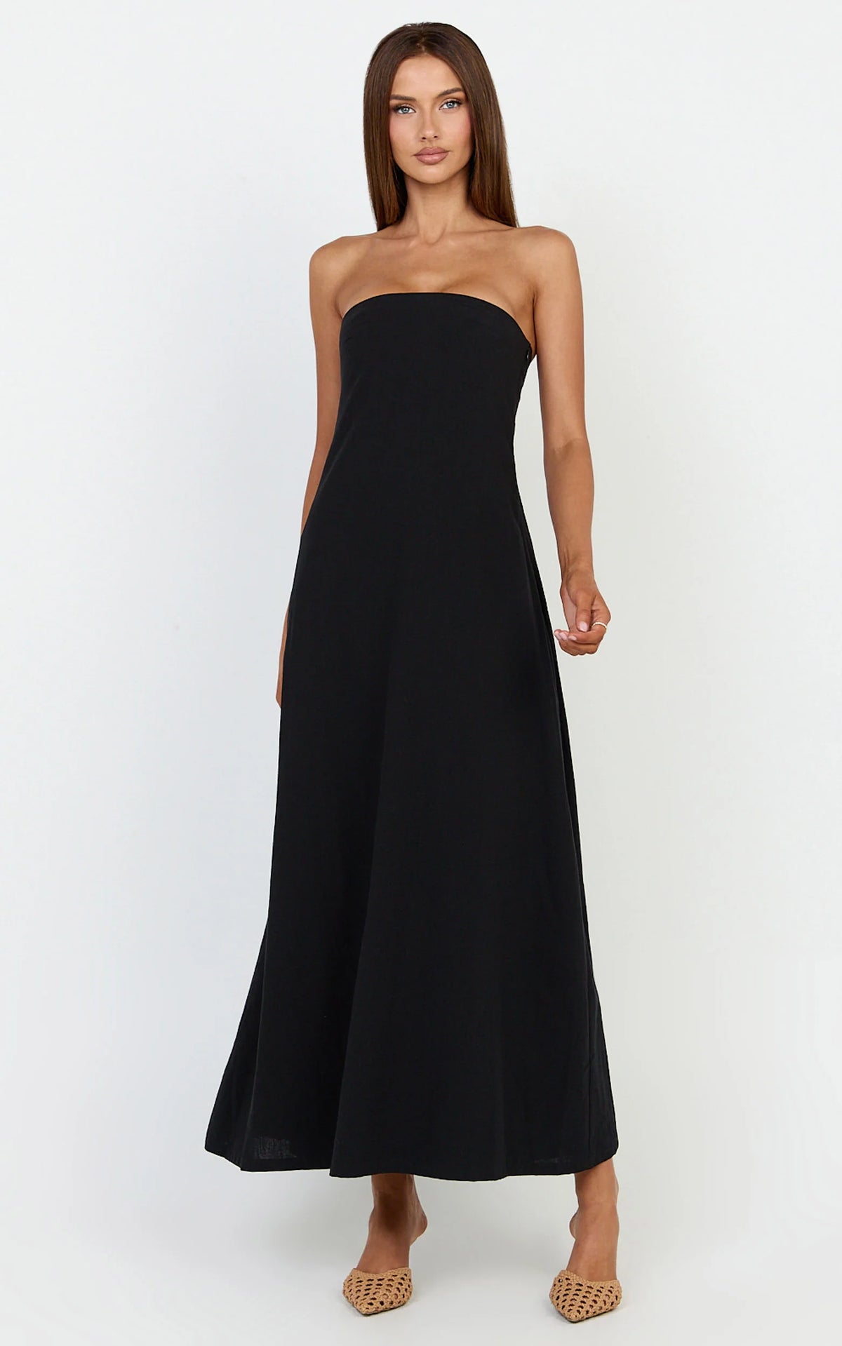 Emmie Midi Dress - Strapless Trapeze Dress in Black