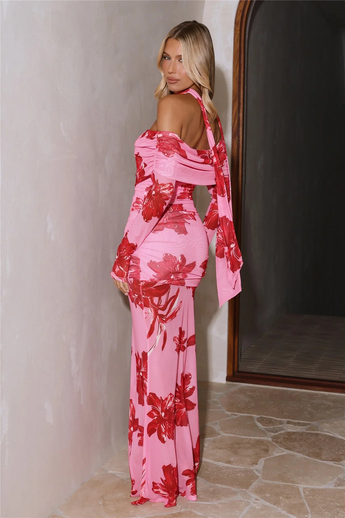Bloom Reverie Mesh Off Shoulder Long Sleeve Maxi Dress Pink