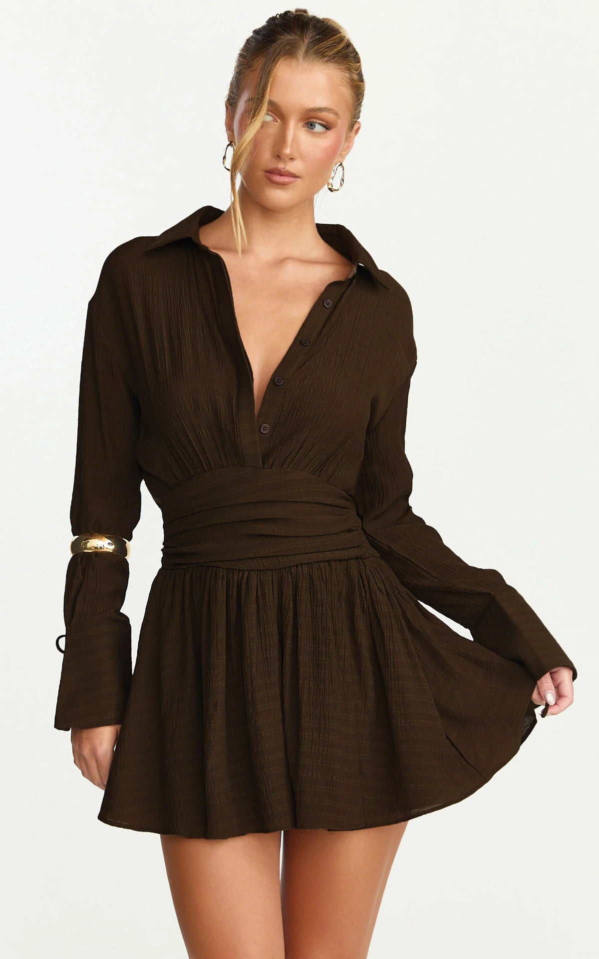 Valerie Mini Dress - Collared Long Sleeve Waist Shirt Dress in Chocolate