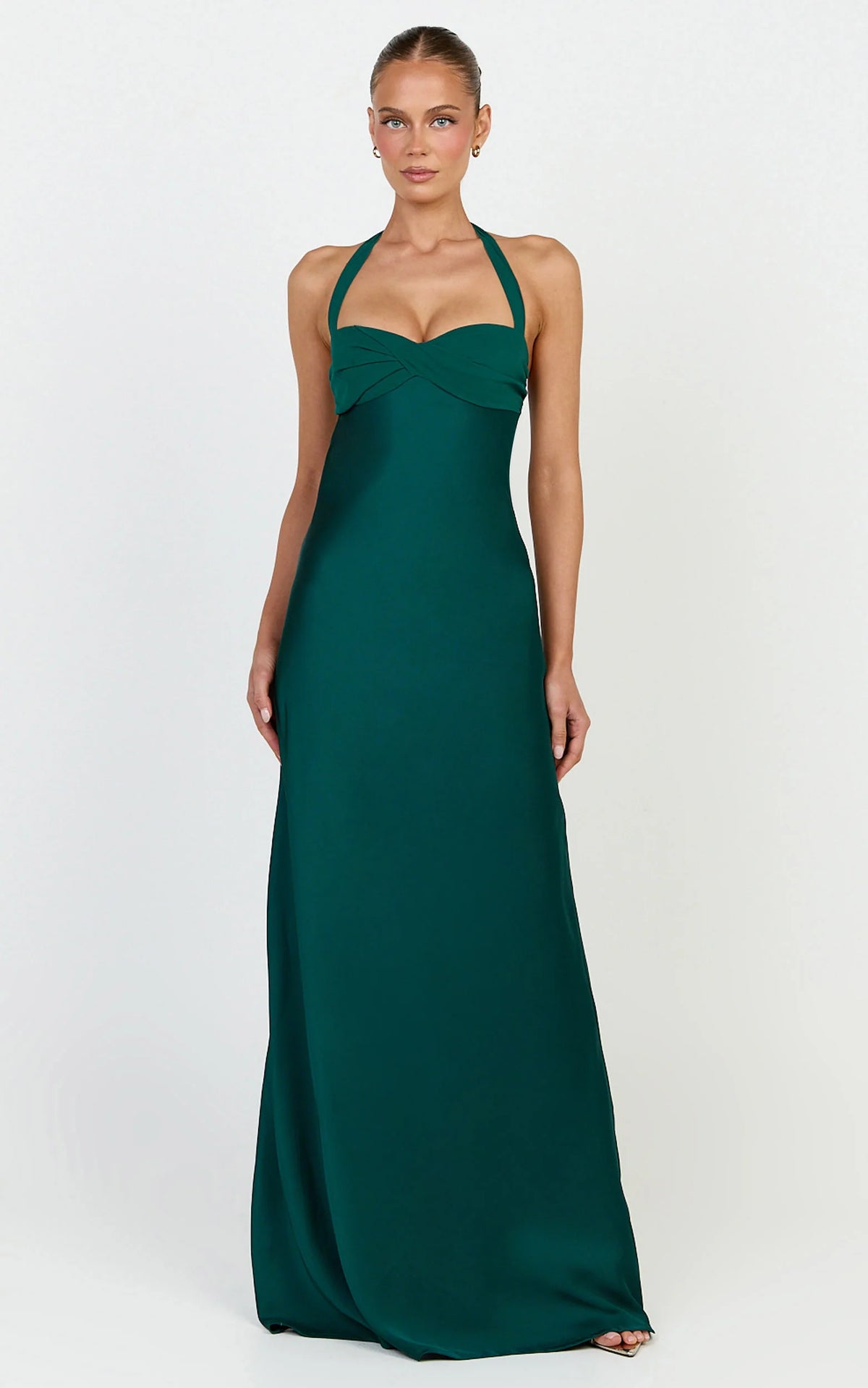 Flynn Maxi Dress - Satin Halter Sweetheart Neck Dress in Emerald