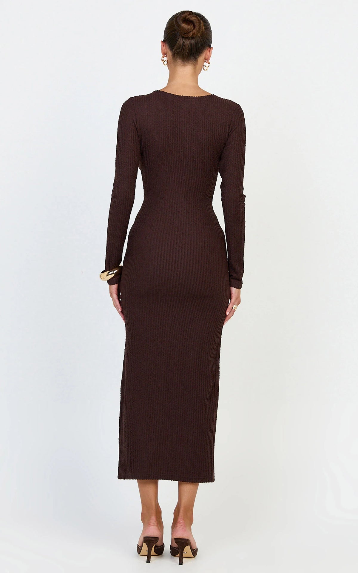 Zayla Midi Dress - Long Sleeve Button Front Bodycon Dress in Chocolate
