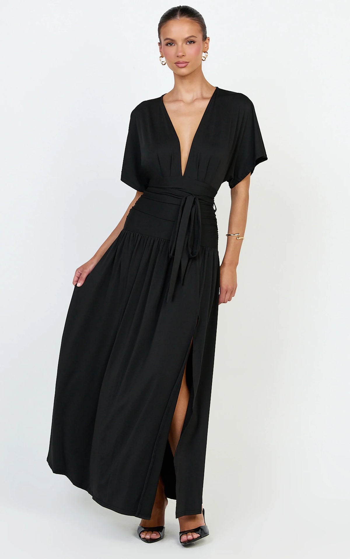 Liana Maxi Dress - Wide Sleeve Tie Waist Maxi Dress in Black
