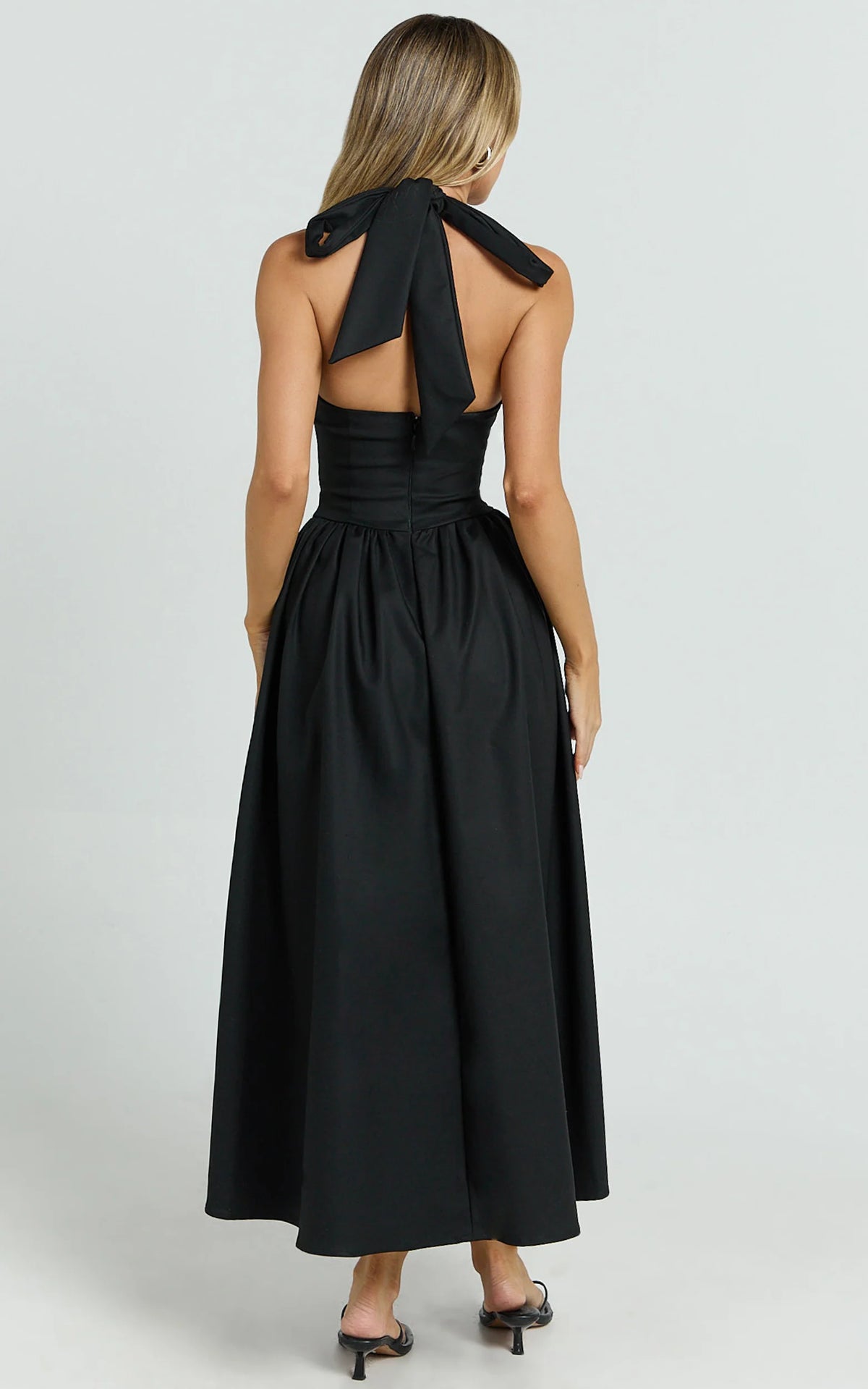 Helda Midi Dress - Halter Tie Neck Corset Panel Dress in Black