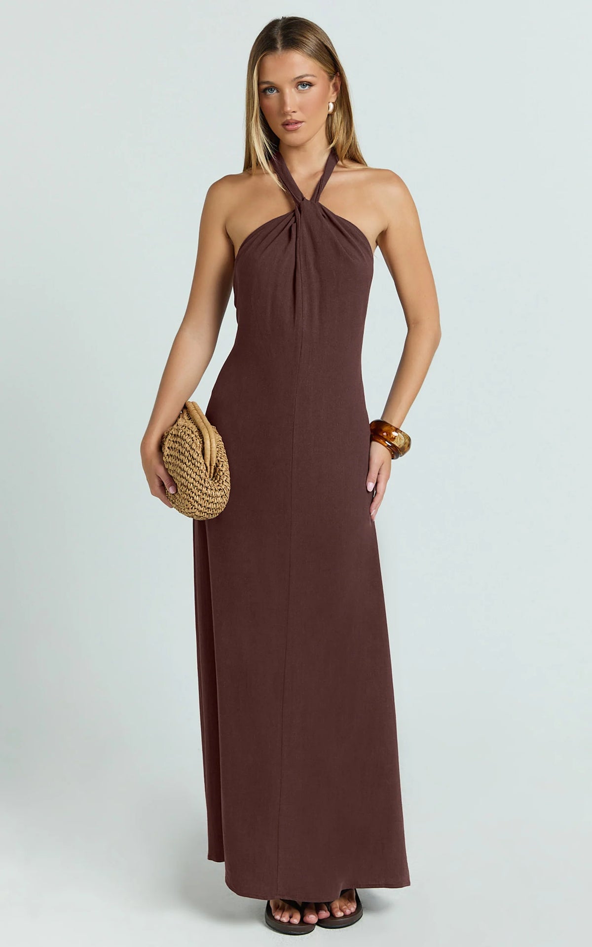 Hilda Maxi Dress - Knot Detail Halter Neck Maxi Dress in Chocolate