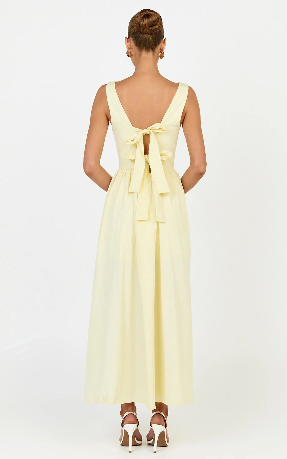 Casina Midi Dress - Boat Neck Tie Back Fit And Flare Dress in Yellow