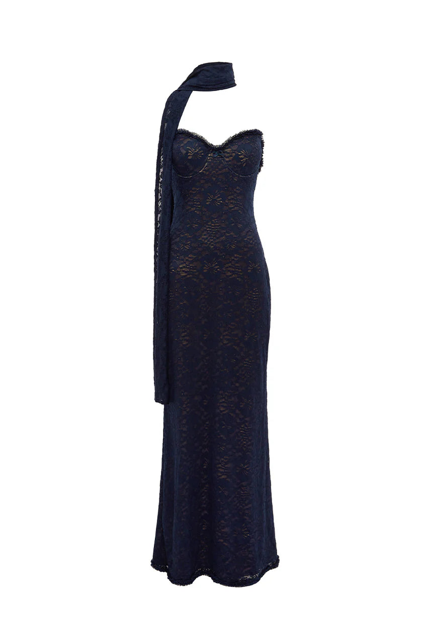 AMANA STRAPLESS SCARF MAXI DRESS - NAVY