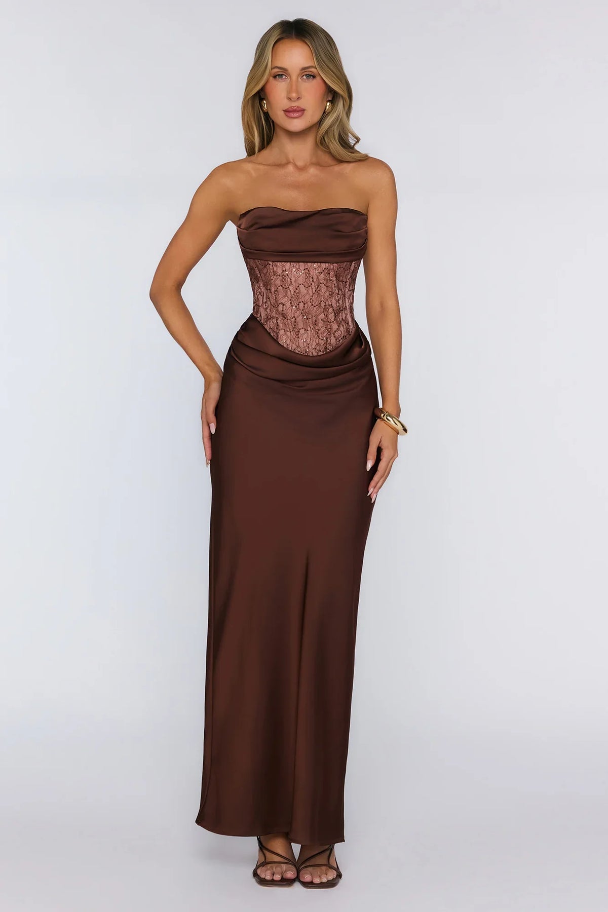 Wave Of Love Strapless Lace Satin Maxi Dress Chocolate