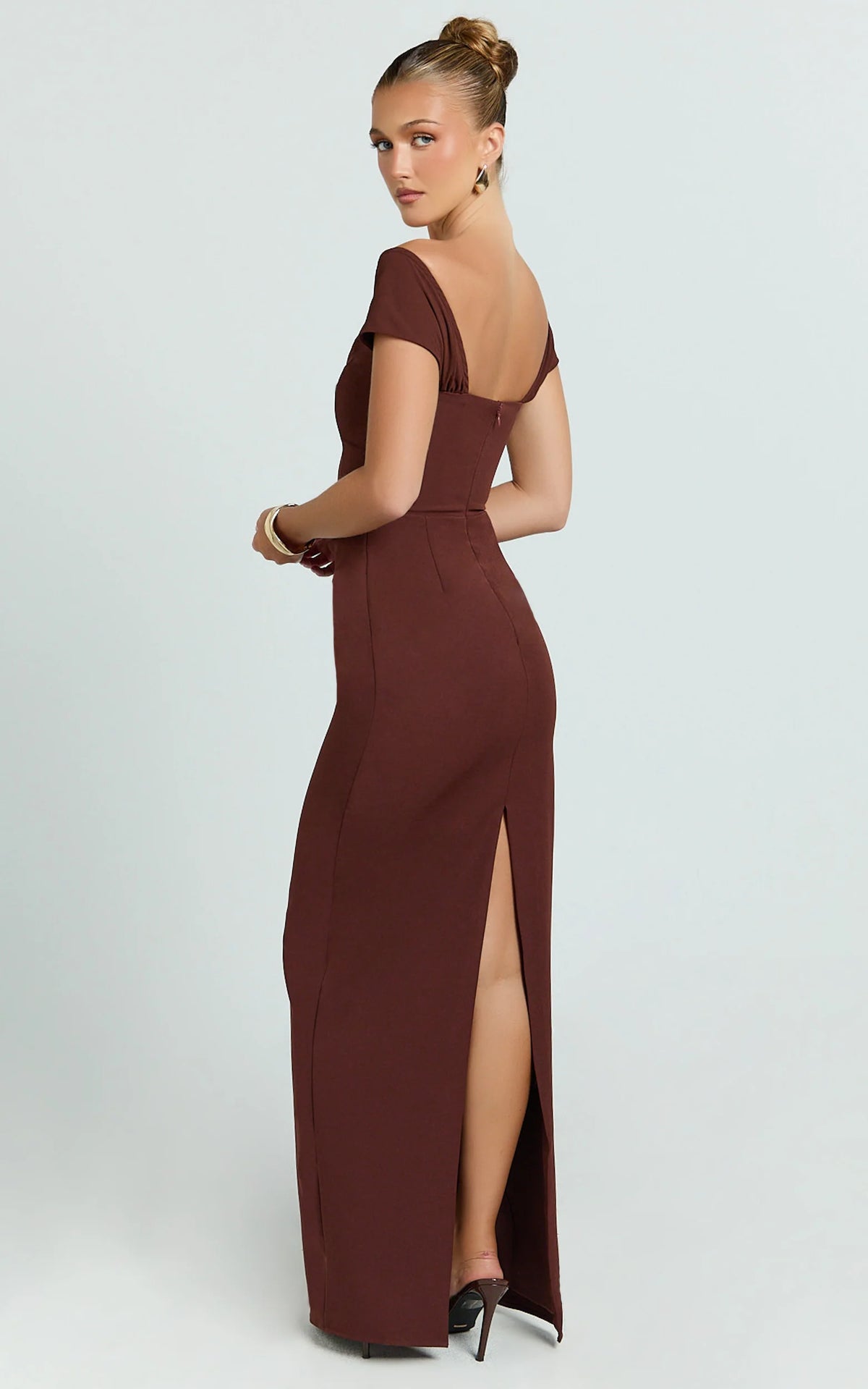 Veronika Maxi Dress - Off Shoulder Plunge High Split Dress in Chocolate
