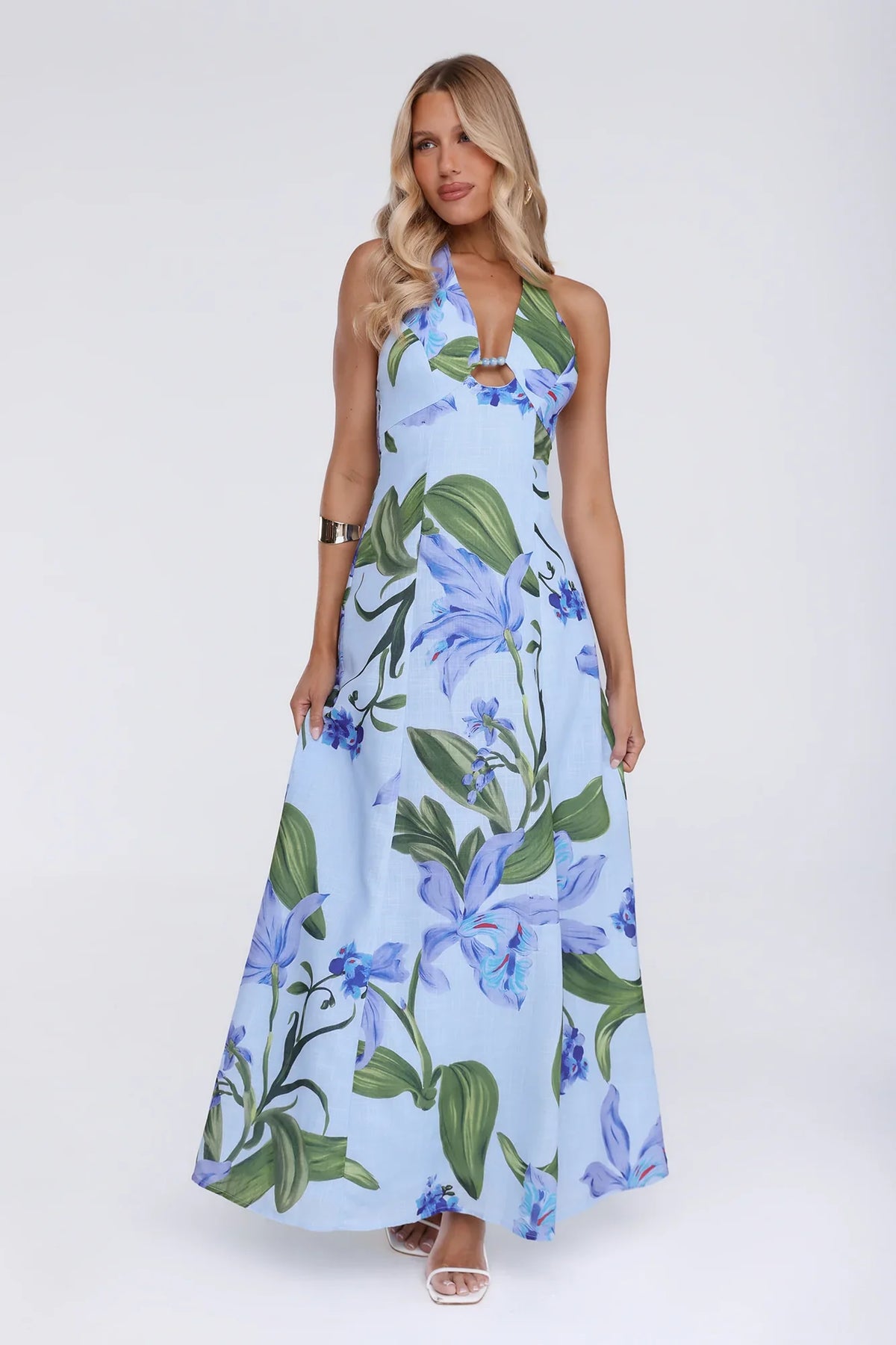 Fleur Flicker Halter Maxi Dress Blue