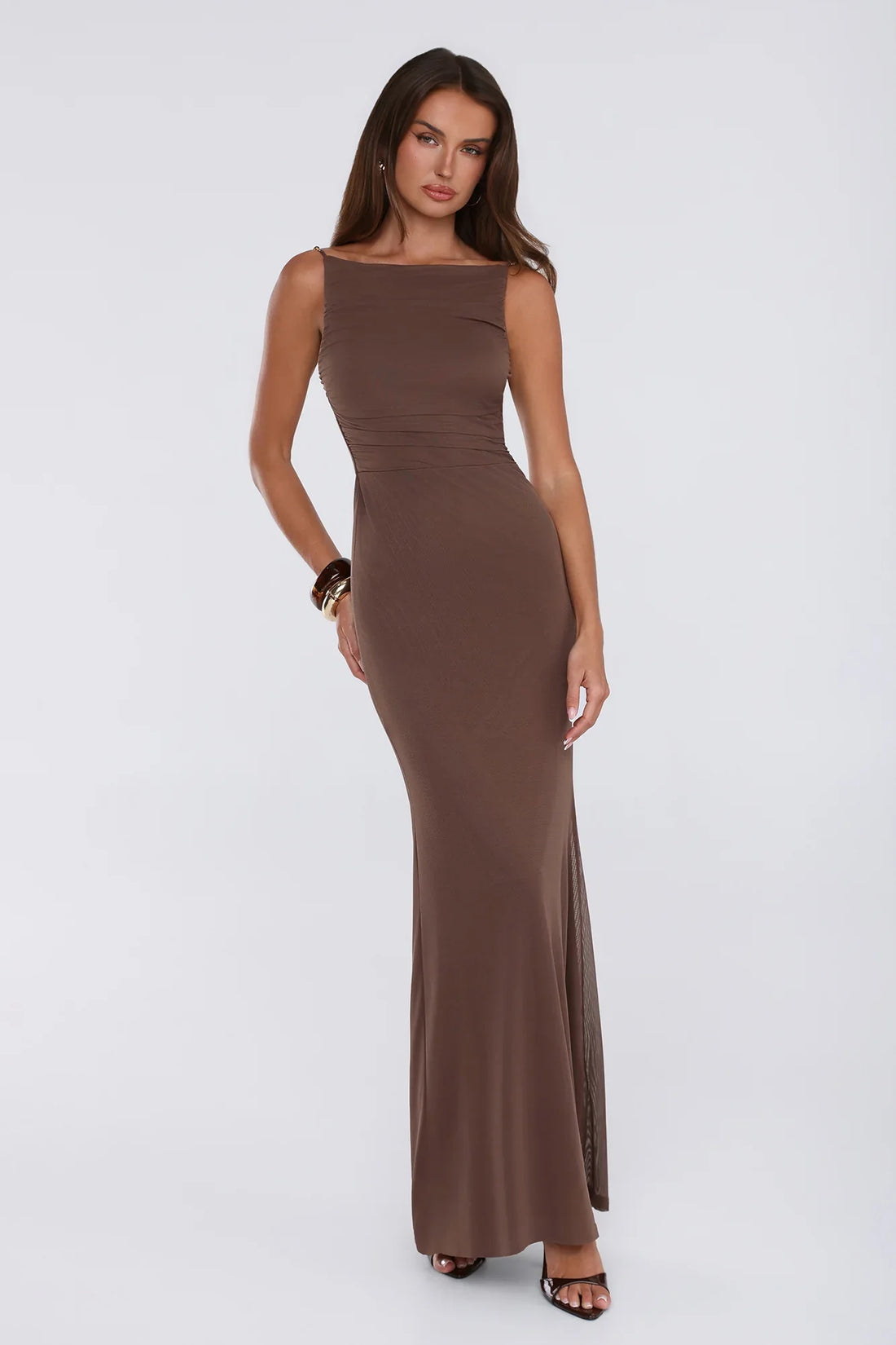 Golden Hourglass Mesh Maxi Dress Brown