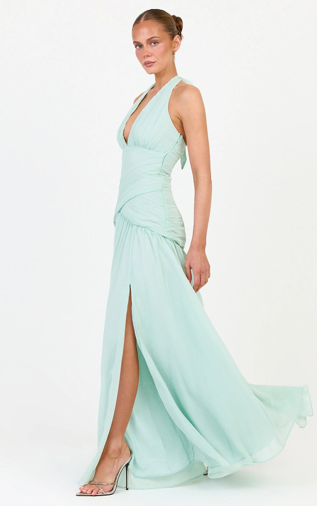 Zadie Maxi Dress - Plunge Halter Neck Dropped Cross Waist Dress in Mint