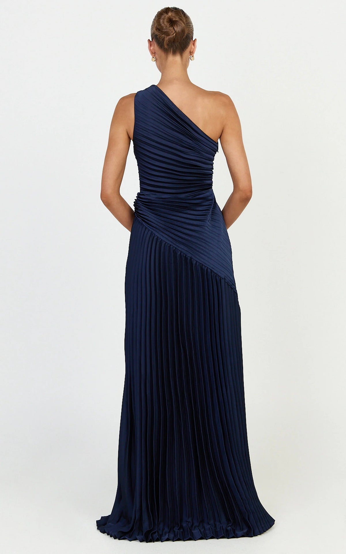 Clarissa Maxi Dress - One Shoulder Pleated Dress in Navy