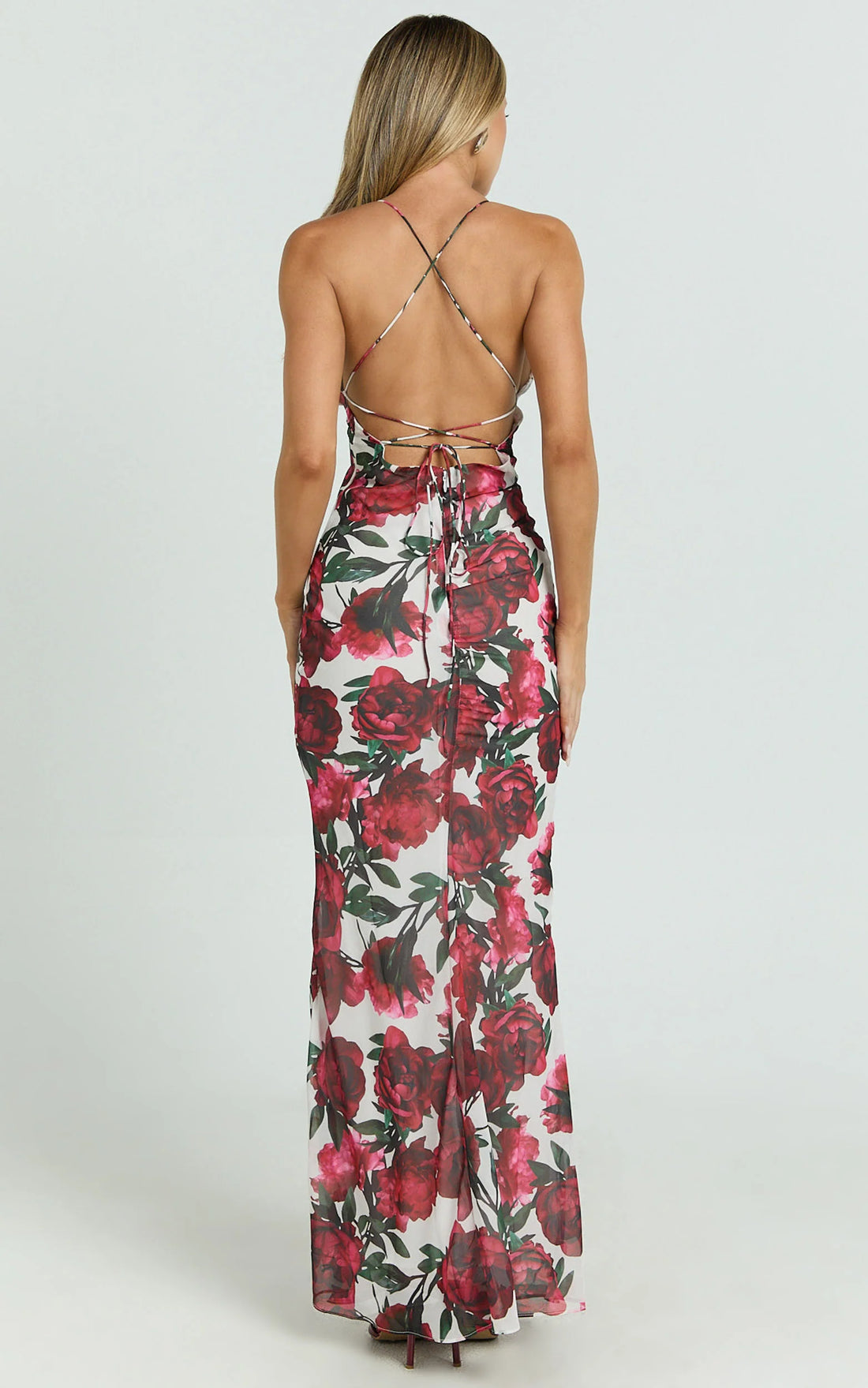 Lenny Maxi Dress - Bias Slip Lace Up Back Dress in Rose Blanca Floral